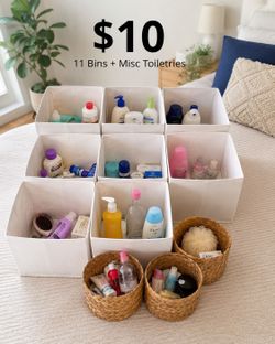 11 Storage Bins/Baskets + Toiletries – $5