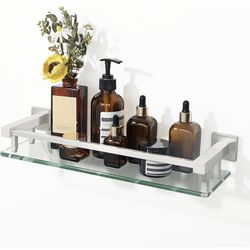 Alise Bathroom Glass Shelf with Stainless Steel Railing, Brushed Nickel Small Tempered Glass Floating Wall Shelf Over the Toilet, 16 inch