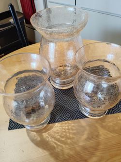 Set of 3 New Amber Colored Cracked Glass Hurricane Lamps