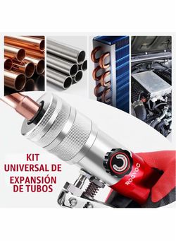 Hydraulic swaging and expanding tool kit with 7 expander heads (3/8 to 1-1/8 inches), tube cutter, and deburring tool for soft copper tubing.