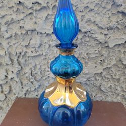 Rossini Impoli Style Genie bottle Decanter Art Glass Blue And Gold