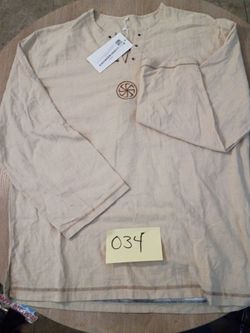 Beige Long Sleeve Henley Shirt with Embroidery large size