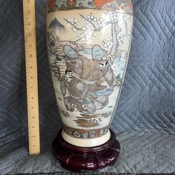 Vintage Porcelain Satsuma Vase On Wood Stand 