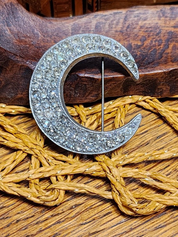 Vintage Silver Tone Crescent Moon with Rhinestones Brooch