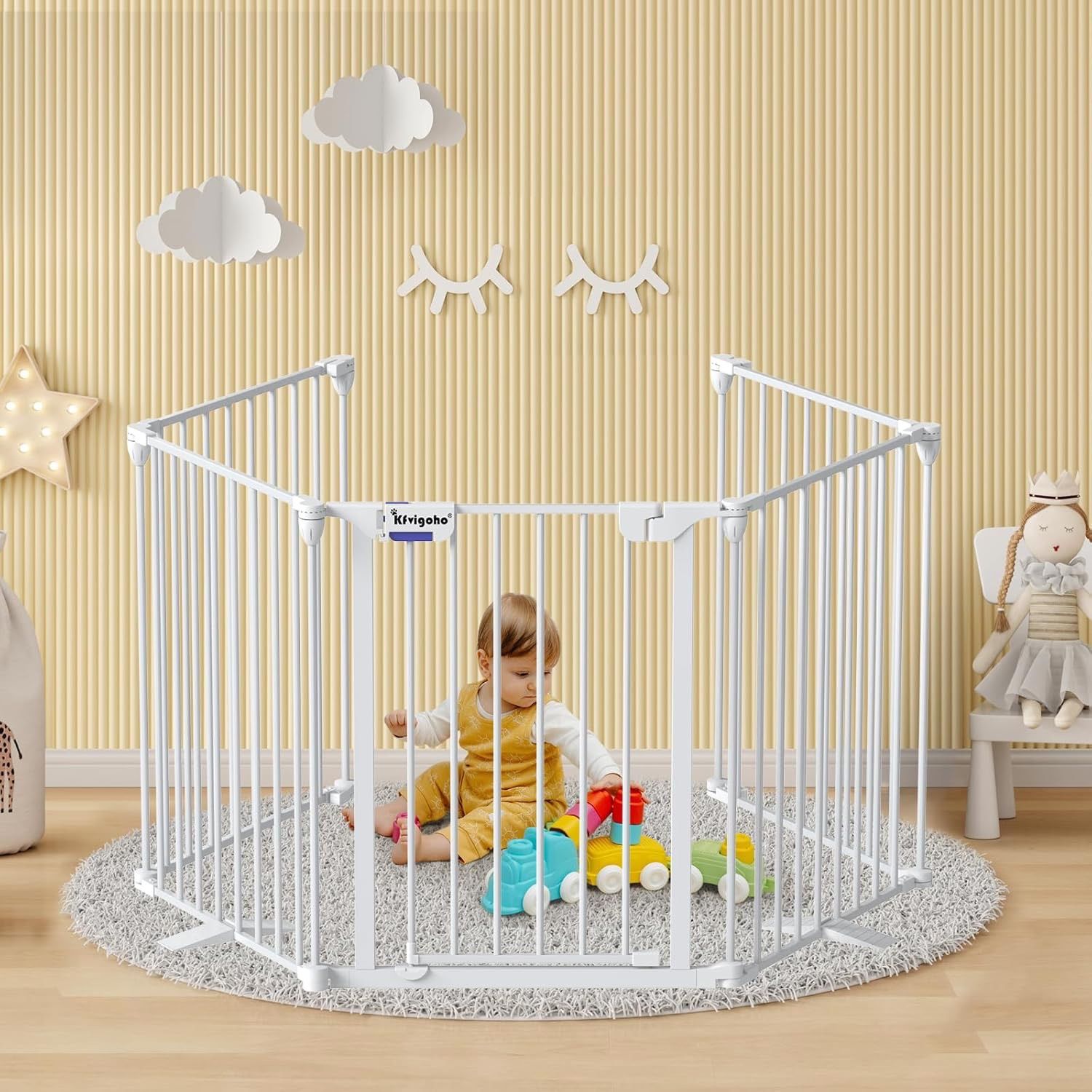 Baby Gate 27.5"-129" Extra-Wide Playpen, Play Yard Child Safety Fence, Dog Gate with Auto-Close Door, Double Locking System for Fireplace, Foldable 5