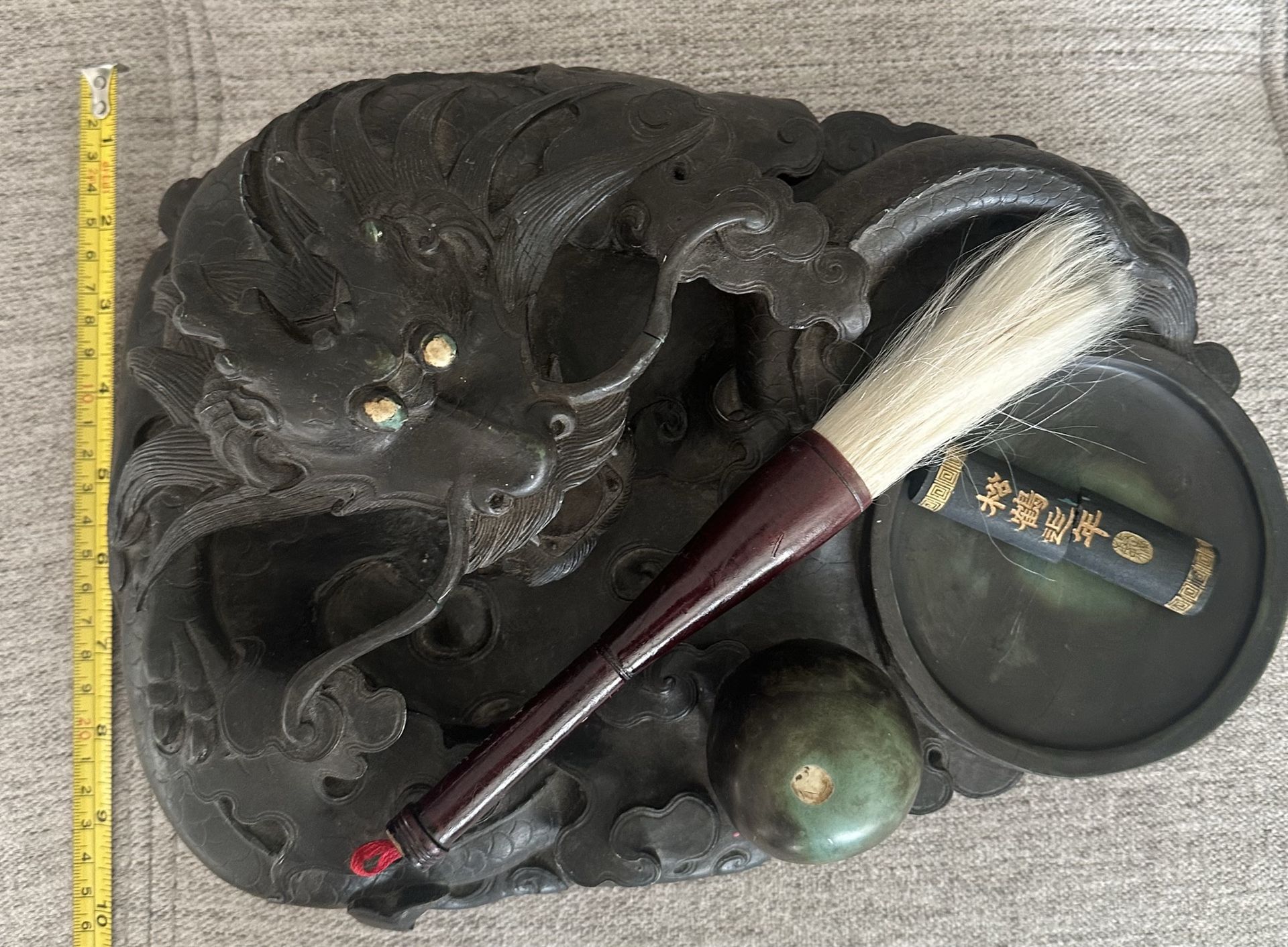 Chinese DuanYan Stone Inkwell - Very Rare Antique, Dynasty Dragon & Pearl Style
