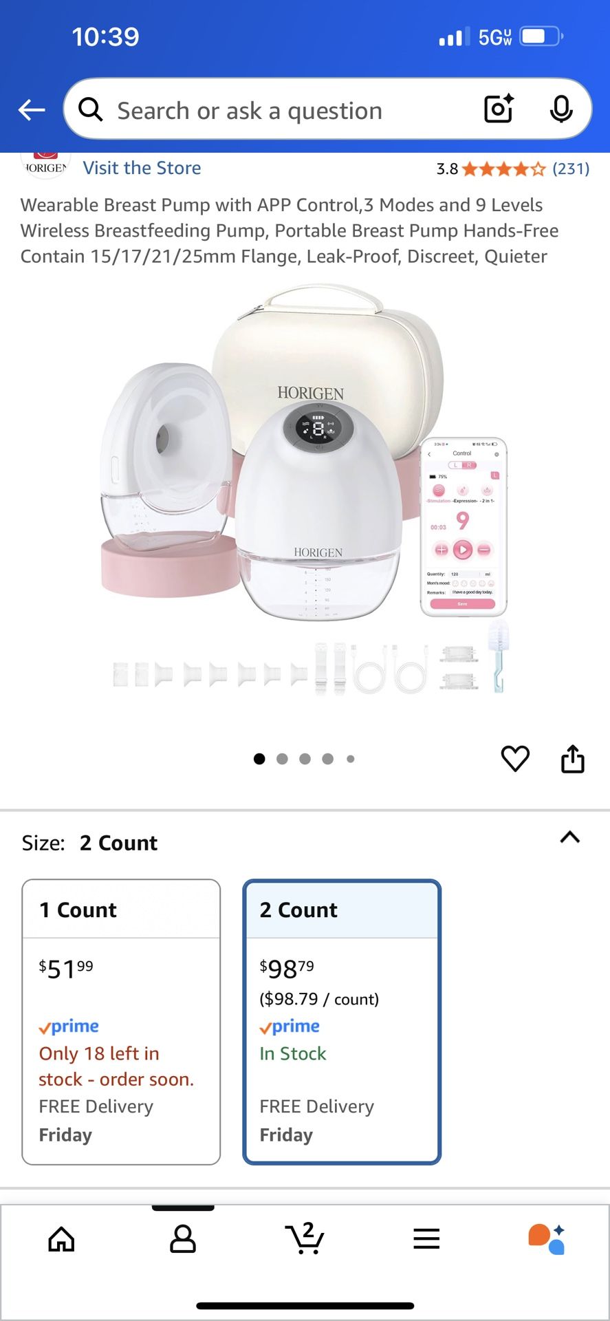 Horigen Wearable Breast Pump  - 2 Count