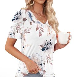 L size Women's V-Neck T-Shirt, Short Puff Sleeve, Tie Dye Print, Multiple Colors