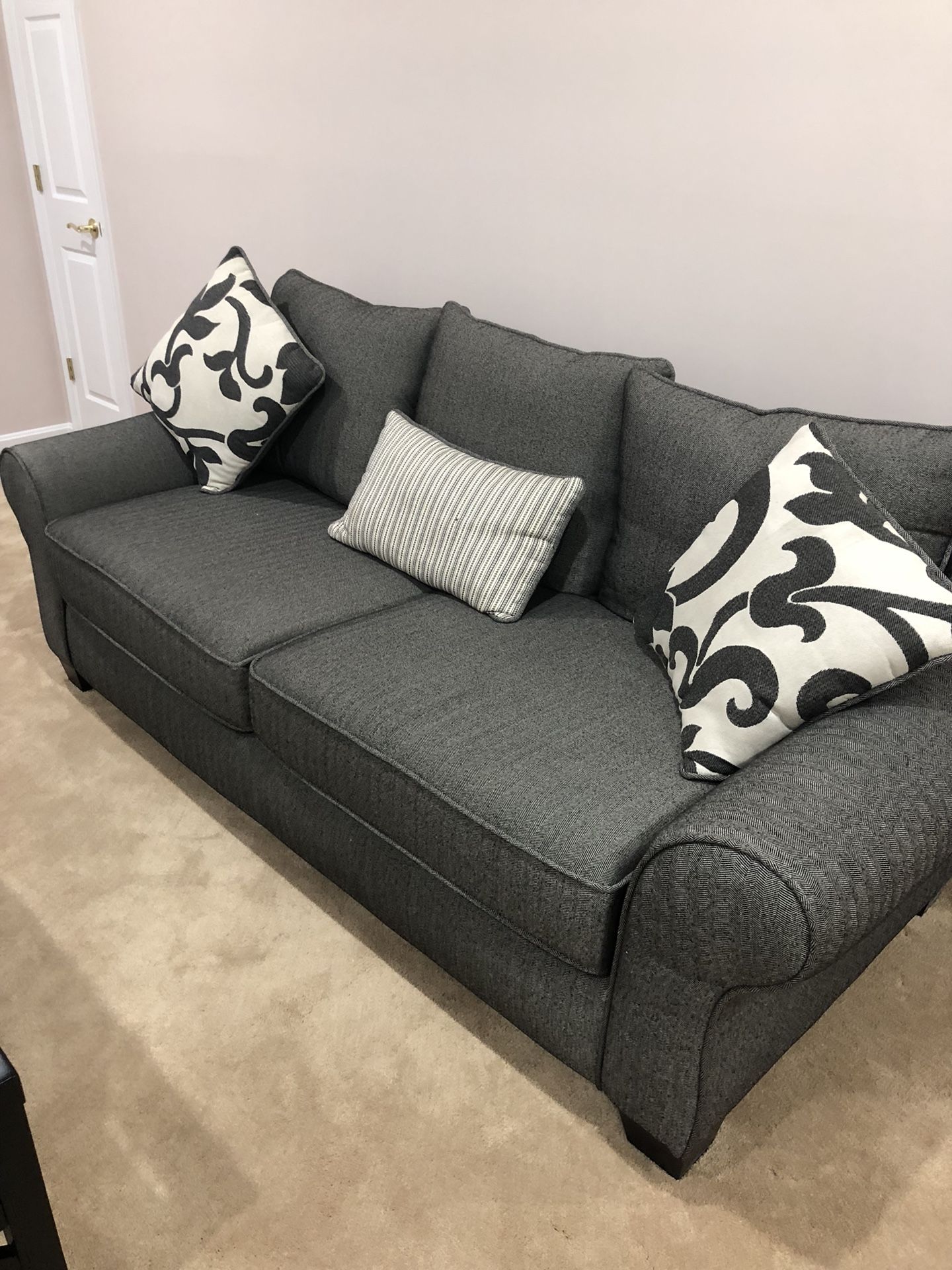 Sofa, 2 armchairs, ottoman, and coffee table