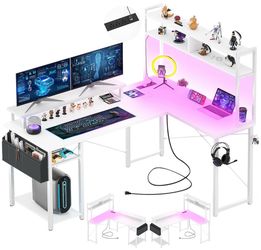 Small L Shaped Desk Gaming Desk with LED Lights & Power Outlets