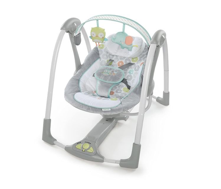 Ingenuity Swing 'n Go 5-Speed Baby Swing - Foldable, Portable, 2 Plush Toys & Sounds, 0-9 Months