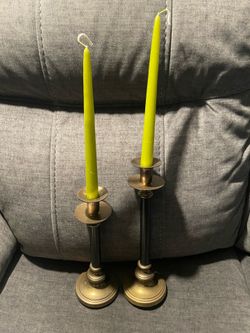 Set of two Vintage MCM Brass and black candle 🕯️ stick holders with chartuise
