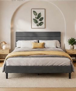 Brand New Queen Upholstered Platform Bed Frame – No Box Spring Needed – Gray