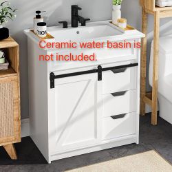30" Bathroom Vanity with Sink, Farmhouse Bathroom Cabinet, Bathroom Vanity Set with Sliding Barn Door & Drawers, Freestanding Bathroom Vanities, White