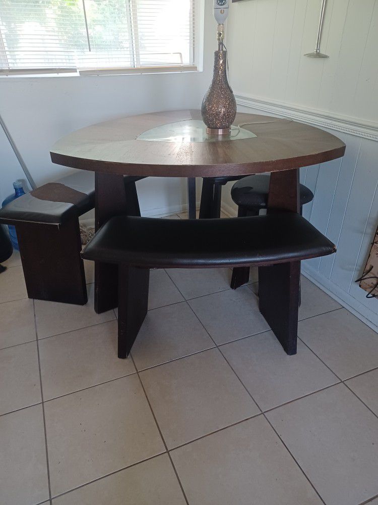 Odd Shape Dining Table W/ 2 Benches And 2 Stools
