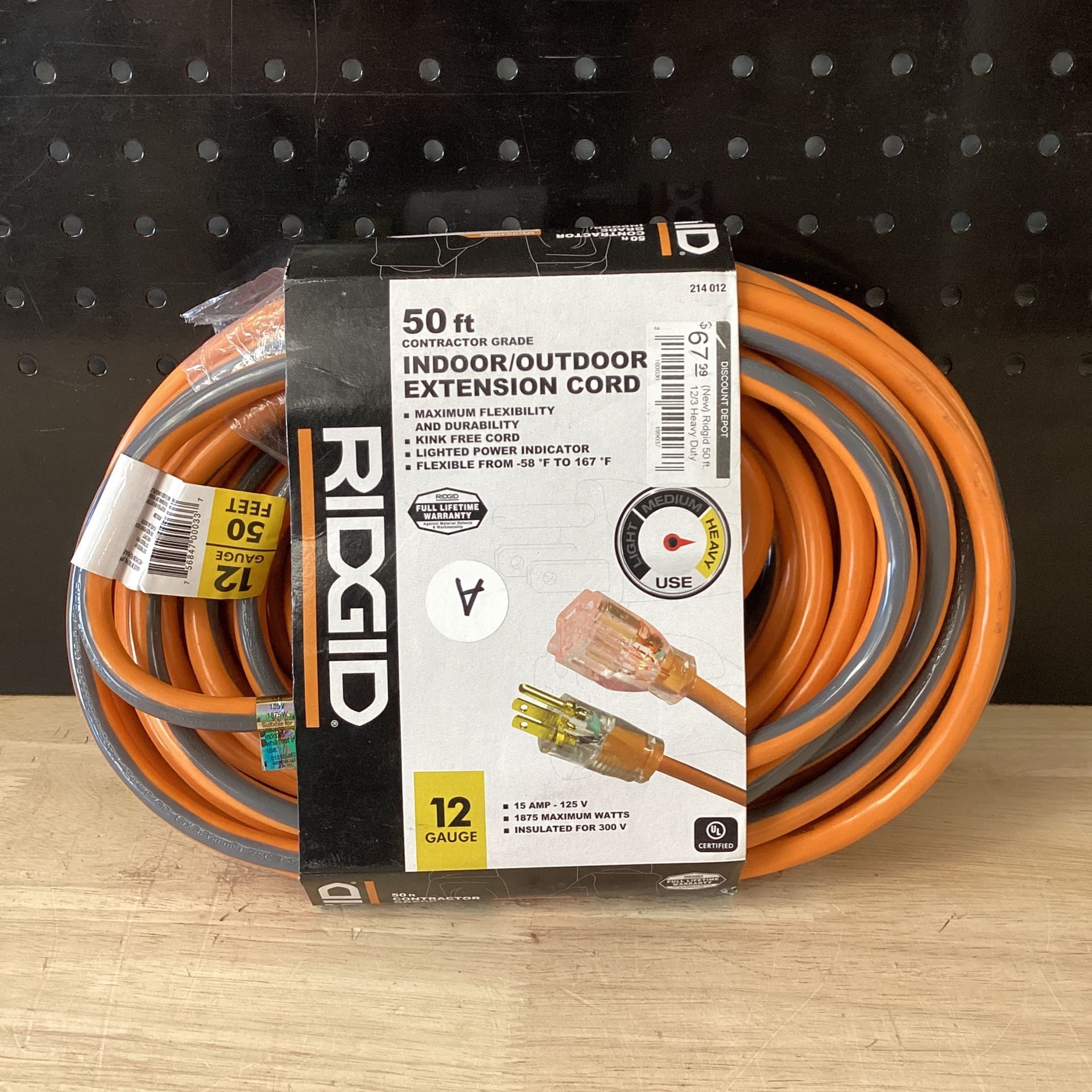 Ridgid 50 ft. 12/3 Heavy Duty Indoor/Outdoor Extension Cord with Lighted End, Orange/Grey