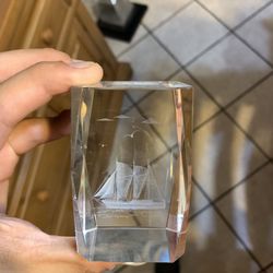 Vintage Crystal Glass 3D Laser Etched Hologram sailing Ship Paperweight With Box