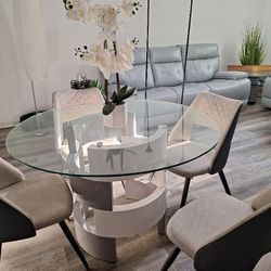 White & Gray  Glass Dinner Table with 4 Chairs