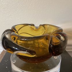 Vintage Hand Blown Murano Style Clear Amber Glass  Bowl/ Ashtray 