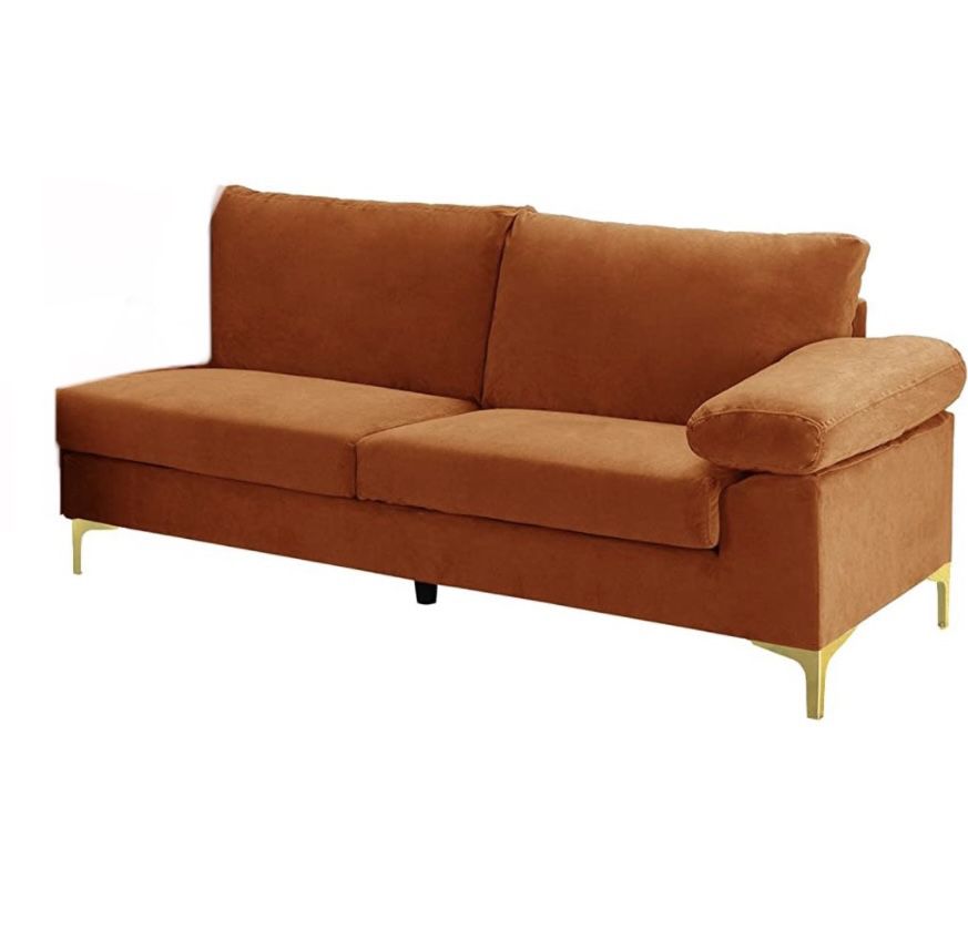 New In Box Modern 67” Orange Velvet One Arm Sofa With Gold Chrome Metal Legs