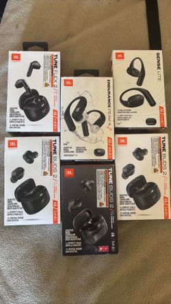 6 sets of JBL wireless earphones, 4 different styles all brand new in original box never opened