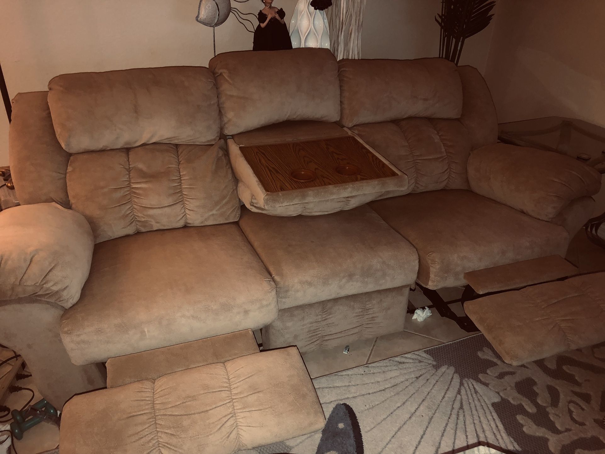 Two Couches With One With Tray That Comes Down And Love Seat Reclined As Well 