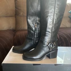 New! Women's Koop Square Toe Block Heel Knee-High Moto Boots By Nine West Size 7