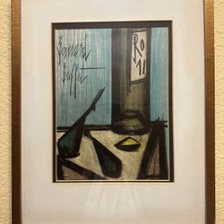Vintage 1967 Framed Lithograph Titled "Still Life With Bottle" by French Artist Bernard Buffet.