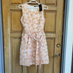 Ark & Co Apricot Peach Floral Jacquard Fit Flare Dress Belt Sleeveless NWT