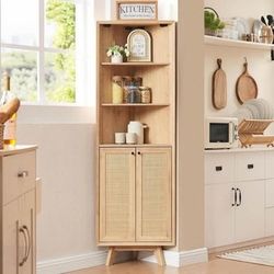 Free 🎁 with purchase New Freestanding Natural Rattan , Modern Corner Bathroom Storage Cabinet Adjus