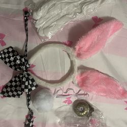 5 Pcs White Rabbit Costume Include Bunny Ears Headband,Tail,Bow Tie,Glasses,Gloves and Pocket Watch for Men Women Halloween Party Dress Up