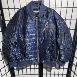 Karl Lagerfeld Paris Men's Shimmer Liquid Quilted Puffer Bomber Jacket, size L Navy Blue