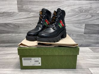 Gucci Quebec Calfskin Web Interlocking G Lace-Up Combat Boots 38 (A1D022220)