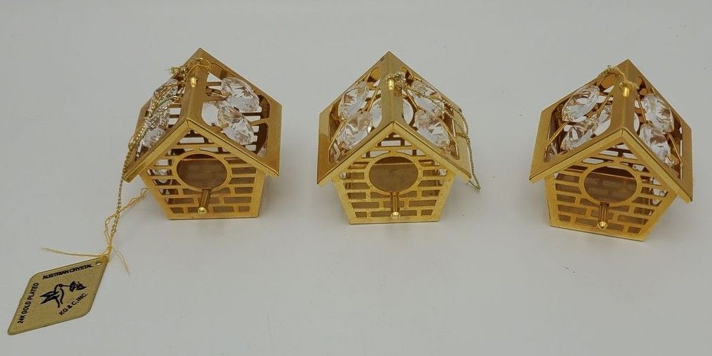 Gold Plated Set of 3 Birdhouse Ornaments