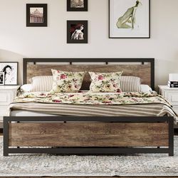 King Size Bed Frame with Headboard and Footboard, Metal Strong Supports, Easy Assembly, Noise-Free, No Box Spring Needed, Walnut