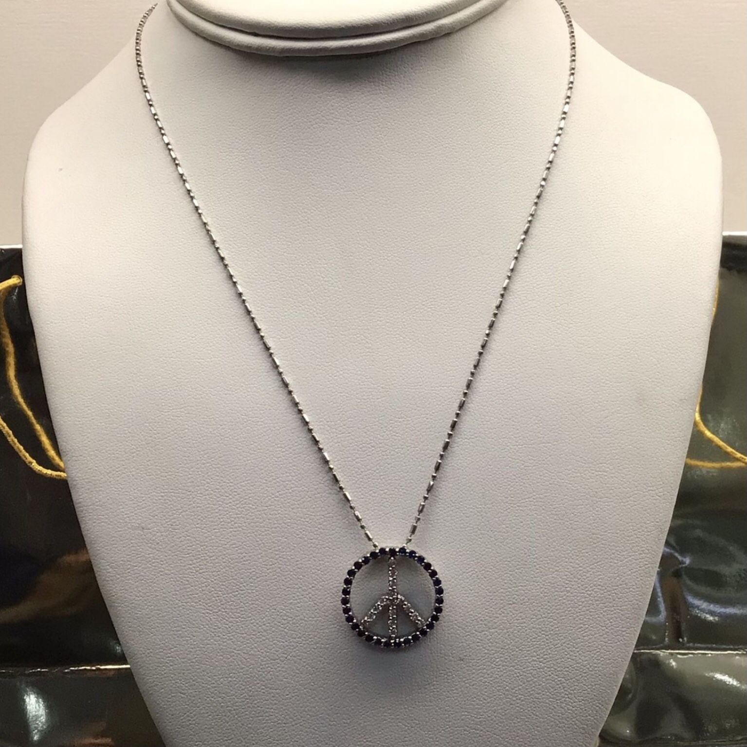 14k White Gold 17” Chain With Peace Pendant Set With Sapphire’s & Diamonds 💵 💳 💵 Cash and Card Accepted 6.2 Grams