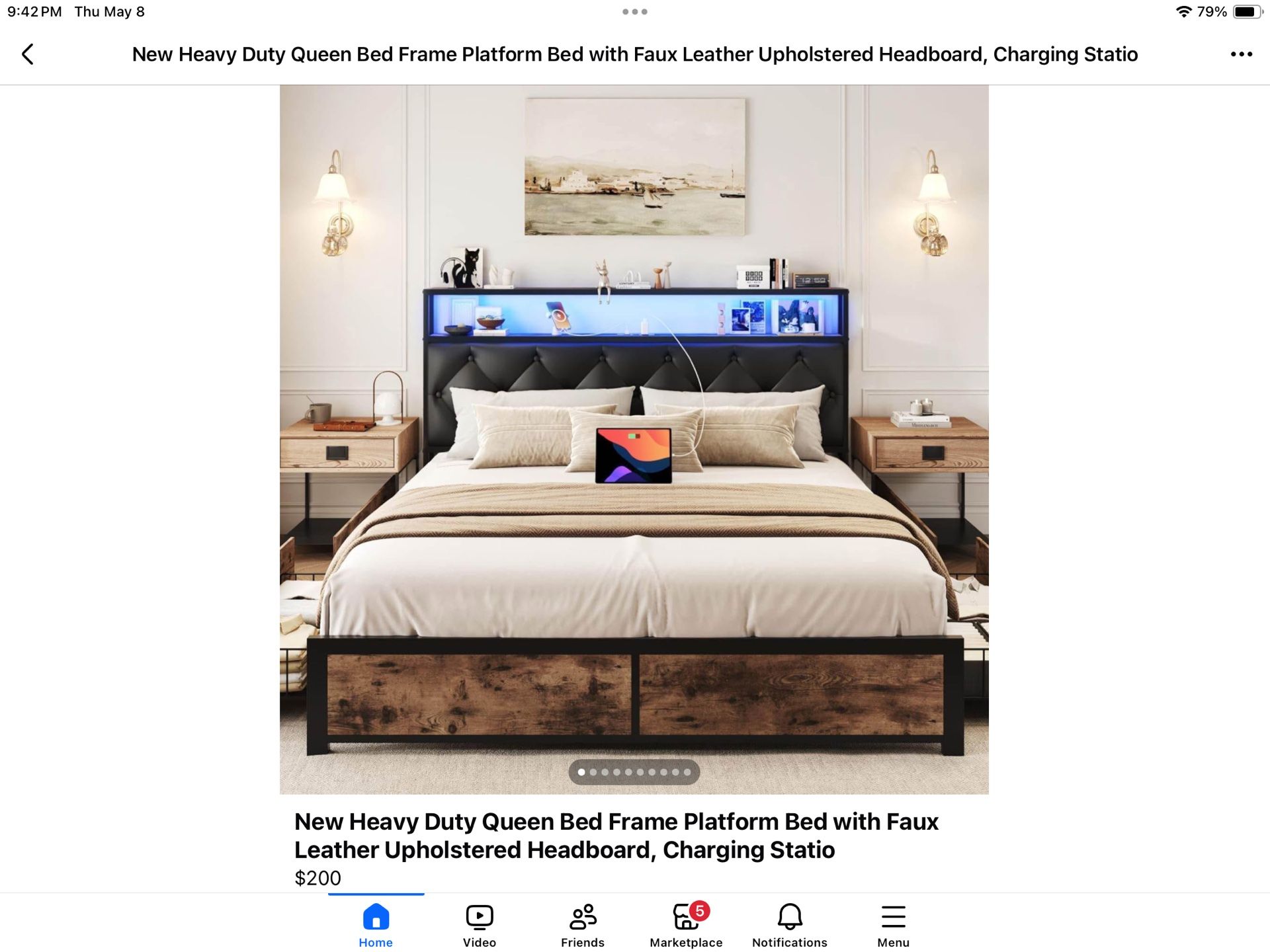 Queen Bed Frame with Faux Leather Upholstery Electrical Outlets Drawer