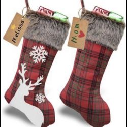 2 Pack 18" Plaid Christmas Stockings with Snowflake, Reindeer, Plush Rustic Large Christmas Stocking Personalized for Xmas Burlap Decorations Red