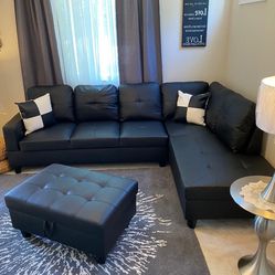 New Black Leather Sectional With Ottoman, Chaise And 2 Pillows Brand New 
