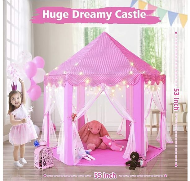 Princess Tent for Girls, Large Playhouse, Kids Castle Tent with Star Lights, Indoor Outdoor Toy, 55" x 53" Option