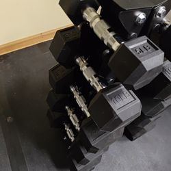 Brand New 5lb Thru 25lb Rubber Hex Dumbbell Set With Rack 