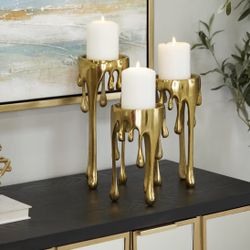 Aluminum Metal Abstract Decorative Candle Holder Melting Drip Candle Stand, Set of 3