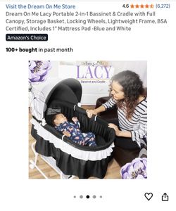 Dream On Me Lacy Portable 2-in-1 Bassinet & Cradle with Full Canopy, Storage Basket, Locking Wheels, Lightweight Frame, BSA Certified, Includes 1” Mat