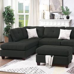 Brand New Ash Black Reversible Chaise Sectional With Free Storage Ottoman 