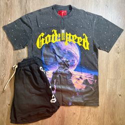 Godspeed Astronaut Graphic T-Shirt and Shorts SZ LARGE