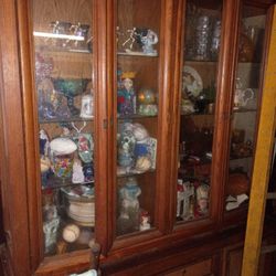 Two Piece China Cabinet, China Set, Shop Vac, Two Cabinet On Wheels
