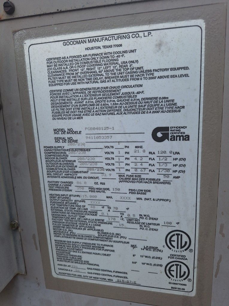 Goodman 115000 BTU Gas Furnace