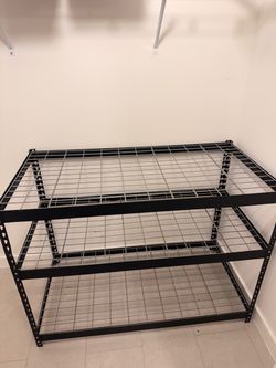 Heavy duty metal shelving unit.