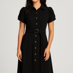 Calvin Klein Women’s Crepe Short Sleeve A-Line Dress – Black – Size 4 B9