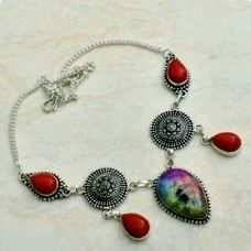 Rainbow Solar Quartz Coral Silver Necklace
